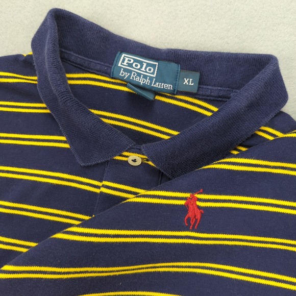 Polo Ralph Lauren Polo Shirt Mens XL Striped Blue Yellow Soft Cotton Red Pony - Picture 1 of 9